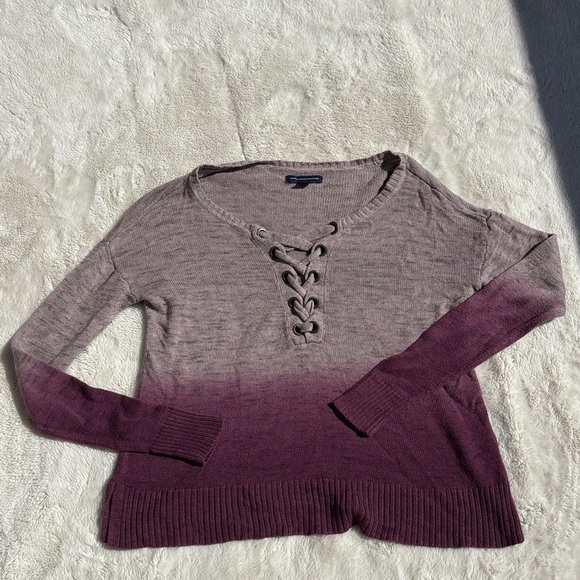 American Eagle Outfitters Tops - American Eagle Ombré Lace-Up Sweater – Size XS | Cozy Knit | Burgundy Fade |